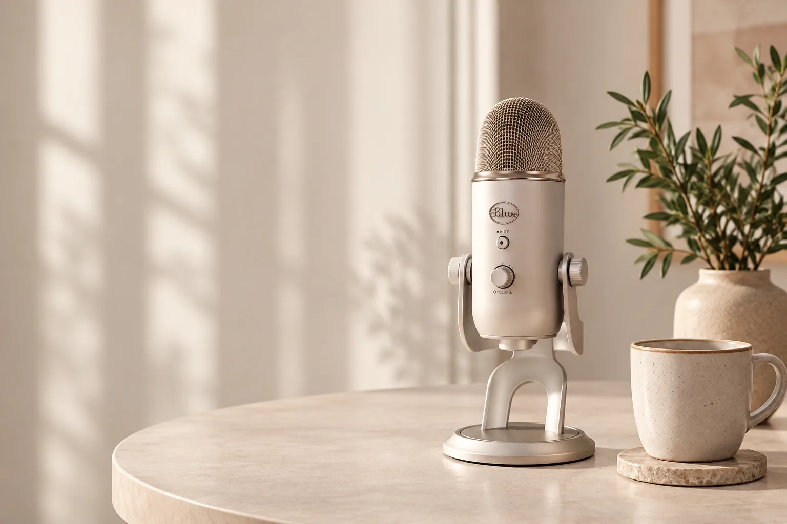 A studio microphone on a round table beside a coffee cup and an olive branch, in soft window light