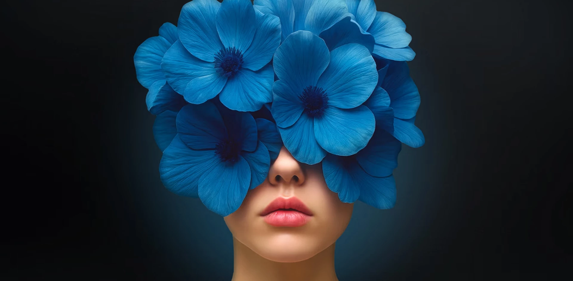Concept portrait with a head of blue flowers