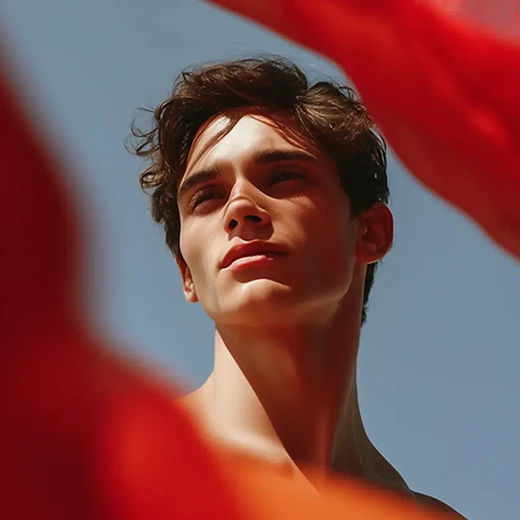 Portrait of a man against a red and blue backdrop
