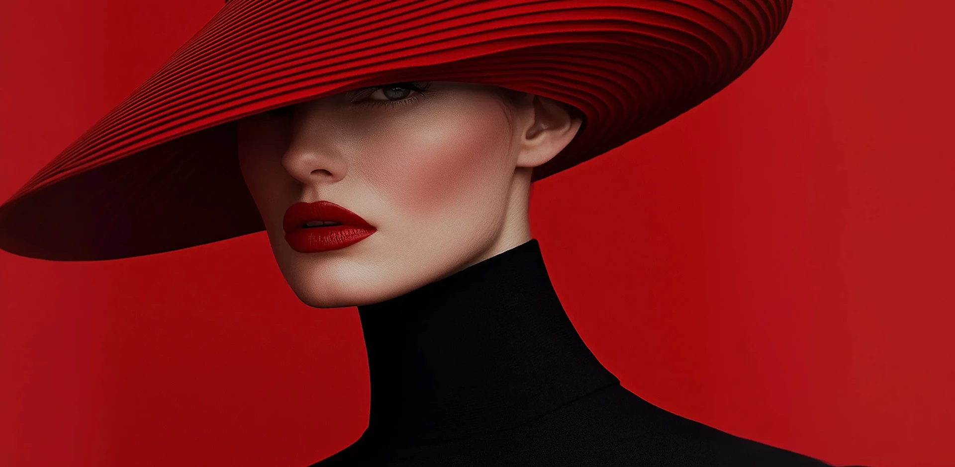 Editorial portrait in a wide red hat against a red backdrop