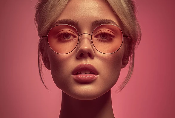 Close portrait in round glasses against a pink backdrop