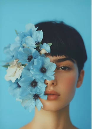 Portrait of a woman with blue flowers across her face