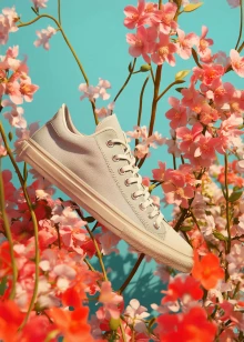 Product shot of a white sneaker among pink blossoms