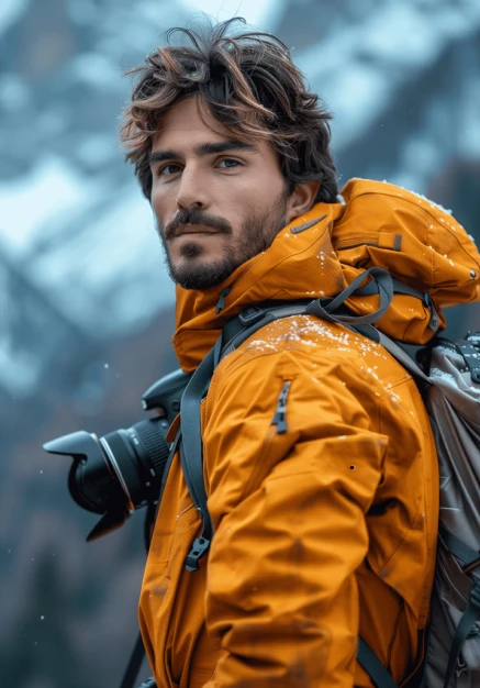 Portrait of a man in an orange jacket with a camera