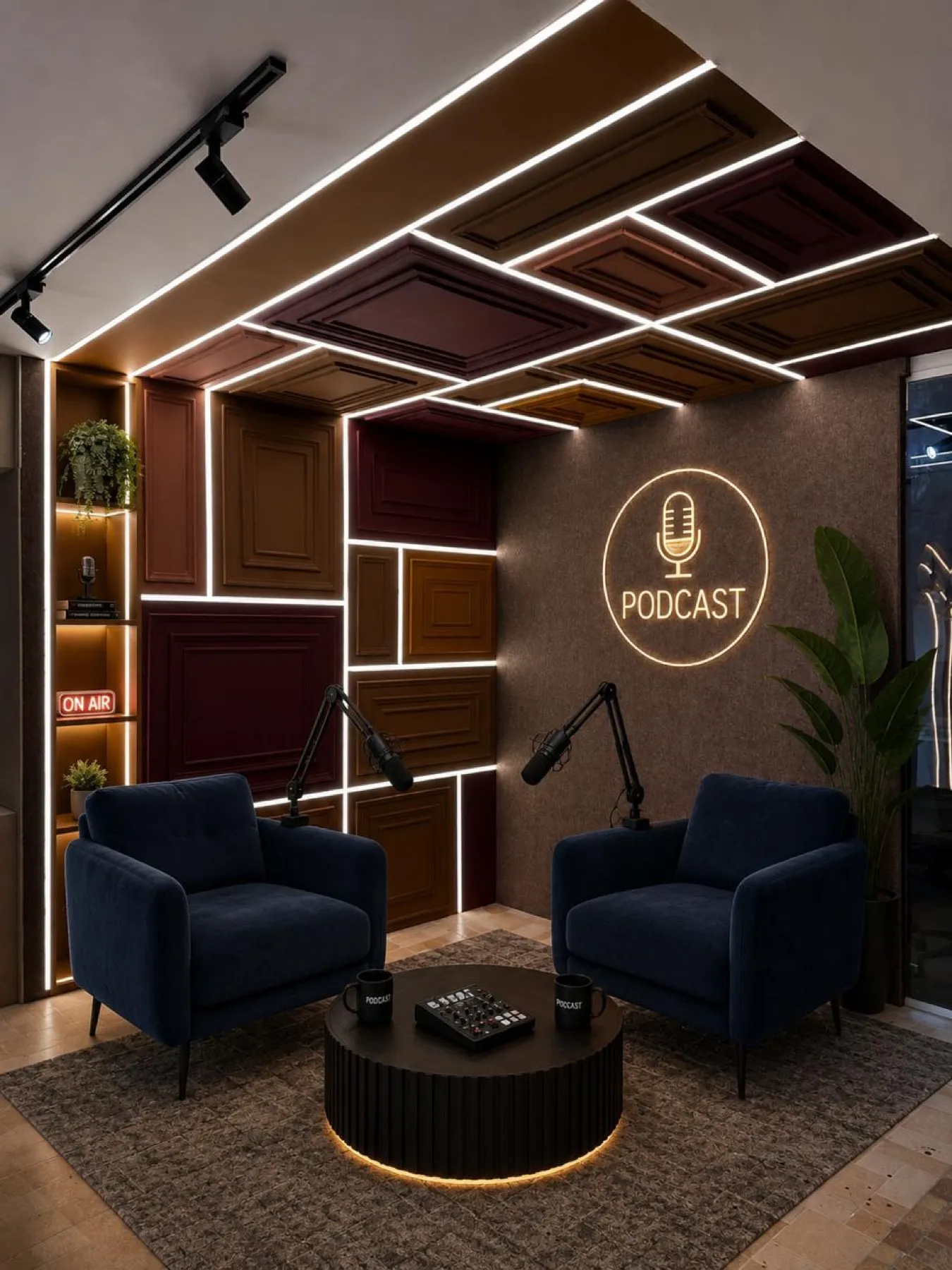 The booth at Studio C — navy velvet armchairs under a lit panelled ceiling
